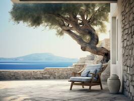 balcón terraza de un Roca casa por un azul mar con un playa silla cerca un árbol ai generativo foto