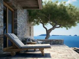 Balcony terrace of a stone house by a blue sea with a beach chair near a tree AI Generative photo