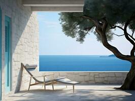 balcón terraza de un Roca casa por un azul mar con un playa silla cerca un árbol ai generativo foto