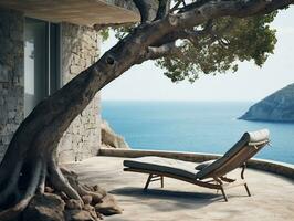 balcón terraza de un Roca casa por un azul mar con un playa silla cerca un árbol ai generativo foto