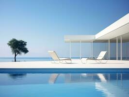 Swimming pool and lawn chair near modern white villa AI Generative photo