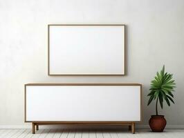 Wooden cabinet in front of white wall with blank white mockup canvas AI Generative photo