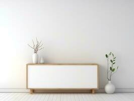 Wooden cabinet in front of white wall with blank white mockup canvas AI Generative photo