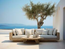 hermosa terraza con grande blanco madera mobiliario mesa y sofá con aceituna árbol en maceta ai generativo foto