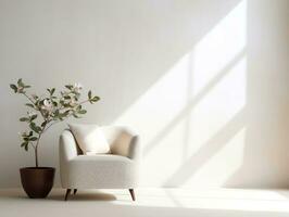 Living room with modern chair and potted plant in front of a white wall AI Generative photo