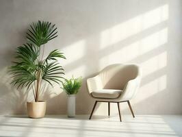 Living room with modern chair and potted plant in front of a white wall AI Generative photo