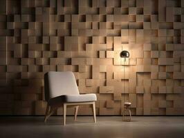 Wooden block wall with a minimalist chair in front of it AI Generative photo