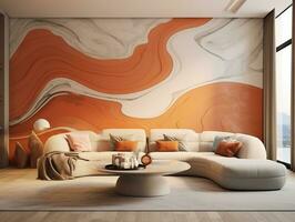 Modern living room is decorated with wall art of marble and a curved couch AI Generative photo
