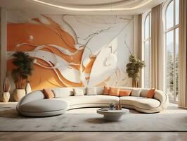 Modern living room is decorated with wall art of marble and a curved couch AI Generative photo