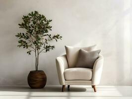 Living room with modern chair and potted plant in front of a white wall AI Generative photo