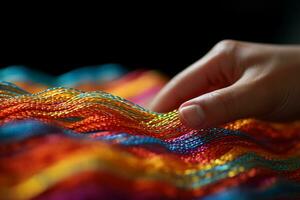 close up hands making rainbow yarn process bokeh style background with Generative AI photo