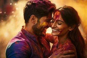 happy indian couple with holi powder on their face at holi festival bokeh style background with Generative AI photo