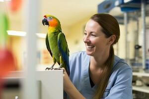 a female excotic pet vet smiling to a parrot bokeh style background with Generative AI photo