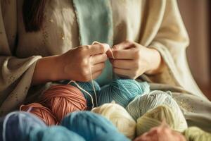 close up of hands making balls of yarn bokeh style background with Generative AI photo