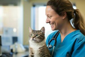 a female pet vet hugging a cat bokeh style background with Generative AI photo