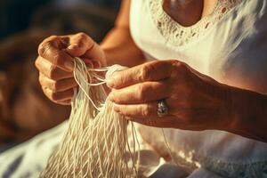 close up hand making silk process bokeh style background with Generative AI photo