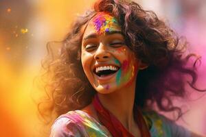 contento indio mujer con holi polvo en su cara a holi festival bokeh estilo antecedentes con generativo ai foto