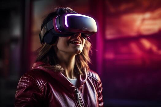 the woman wearing a virtual reality headset bokeh style background with Generative AI photo