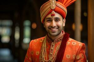 a indian groom in traditional dress smiling at the camera bokeh style background with Generative AI photo