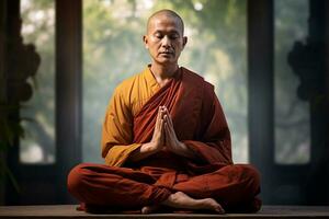 buddhist monk mindful meditation in front of natural background bokeh style background with Generative AI photo