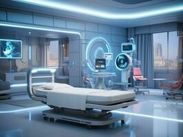 alto tecnología hospital habitación de el futuro ai generativo foto