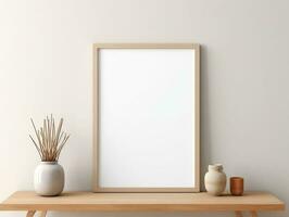 Empty mock up poster frame on wooden shelf white wall interior design AI Generative photo