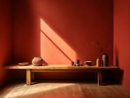 Modern room with red walls and wooden bench AI Generative photo