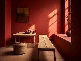 Modern room with red walls and wooden bench AI Generative photo