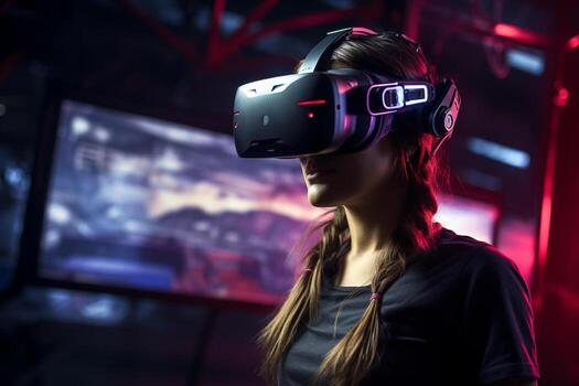 the woman wearing a virtual reality headset bokeh style background with Generative AI photo