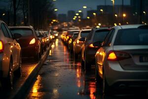 a huge line of traffic jam cars in a street bokeh style background with Generative AI photo