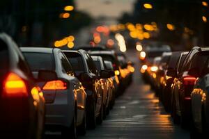 a huge line of traffic jam cars in a street bokeh style background with Generative AI photo