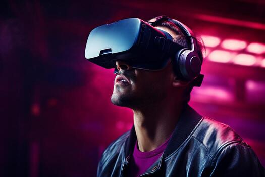 the man wearing a virtual reality headset bokeh style background with Generative AI photo