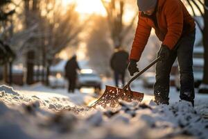 a man shoveling snow in front of his house in the winter season with Generative AI photo