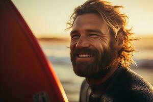 cerca arriba cara de hombre sonriente con su tabla de surf a el mar bokeh estilo antecedentes con generativo ai foto