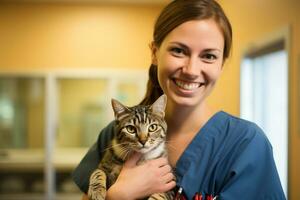 a female pet vet hugging a cat bokeh style background with Generative AI photo