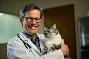 a male pet vet hugging a cat bokeh style background with Generative AI photo