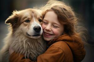 close up of young girl hugging her dog bokeh style background with Generative AI photo