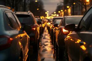 un enorme línea de tráfico mermelada carros en un calle bokeh estilo antecedentes con generativo ai foto