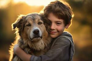 close up of young boy hugging his dog bokeh style background with Generative AI photo