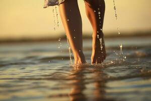 human feet walking on water of the sea bokeh style background with Generative AI photo