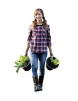 Asian woman gardener is carrying pot of salad lettuce for homegrown organics vegetables garden produce and agricultural farm isolated on white background photo