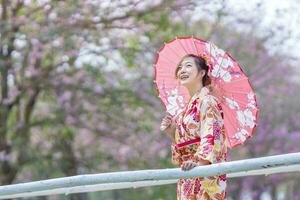 japonés mujer en tradicional kimono vestir participación paraguas y dulce hanami dango postre mientras caminando en el parque a Cereza florecer árbol durante el primavera sakura festival foto