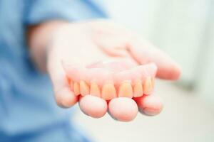 Doctor holding teeth denture in hand for dentist studying about dentistry. photo