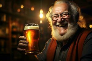 happy old man holding a beer on the bar counter bokeh style background with Generative AI photo