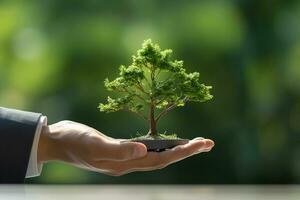 empresario participación un árbol en su mano bokeh estilo antecedentes con generativo ai foto