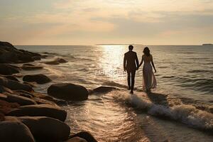 Married couple walking on the beach in front of the sunset background bokeh style background with Generative AI photo