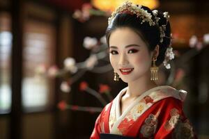 hermosa japonés nacionalidad hembra vistiendo kimono retratos bokeh estilo antecedentes con generativo ai foto