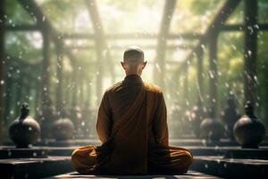 buddhist monk mindful meditation in front of natural background bokeh style background with Generative AI photo