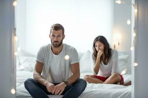unhappy couple on bed with worried expression with Generative AI photo