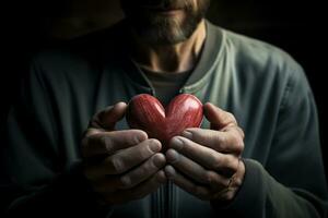 a man holding up a heart close up style with Generative AI photo